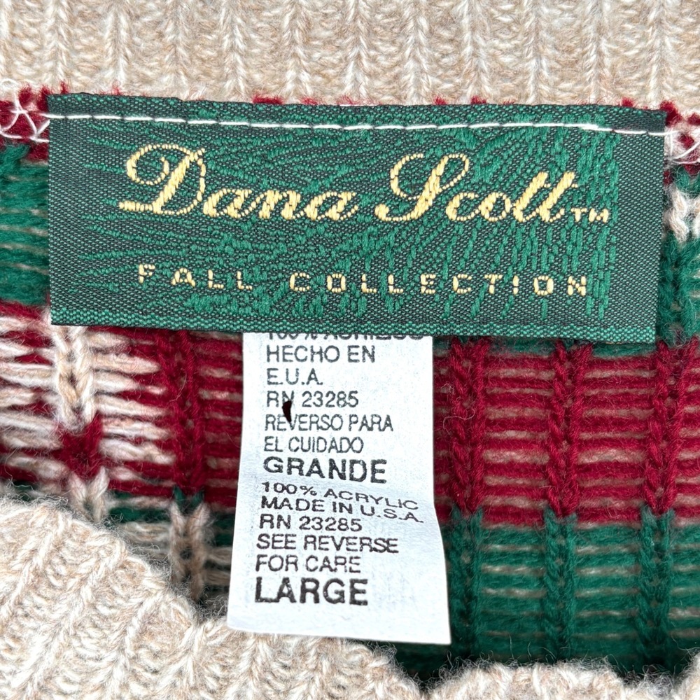 Vintage Dana Scott Pullover Sweater Knit Floral Bow Pattern Beige Red USA Size L - Picture 3 of 11